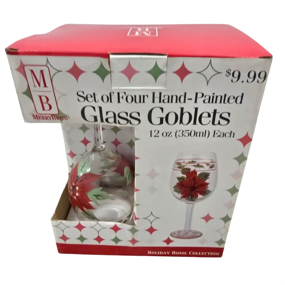 Vintage 2003 MerryBrite Holiday Set of 4 Hand-Painted Poinsettia Goblets 12oz